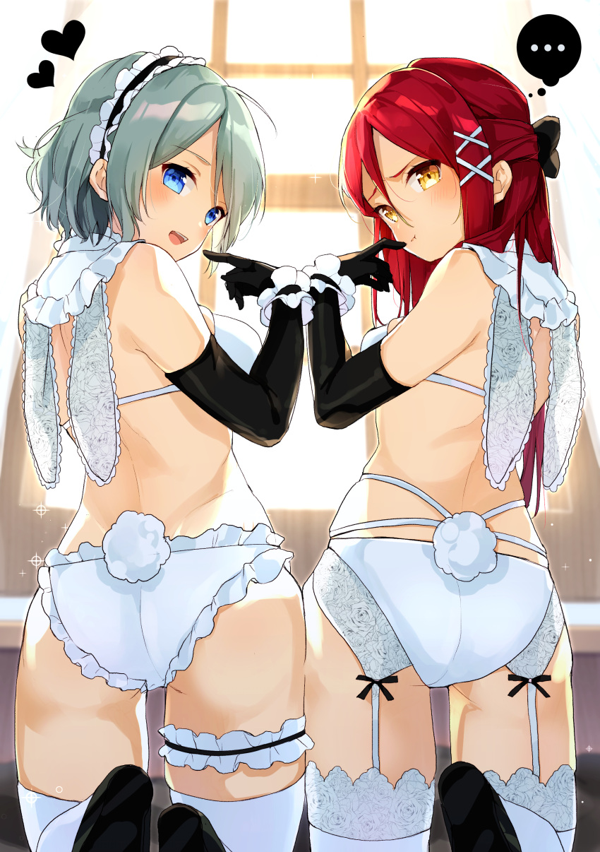 ... 2girls :d :t absurdres ass back bare_back bare_shoulders black_footwear black_gloves blush bow bra breasts bunny_tail closed_mouth elbow_gloves fake_tail frilled_panties frills garter_straps gloves goroo_(eneosu) hair_bow heart highres indoors leg_garter long_hair looking_at_viewer looking_back love_live! love_live!_sunshine!! maid_headdress medium_breasts multiple_girls open_mouth panties pointing pointing_at_self pout redhead sakurauchi_riko short_hair silver_hair skindentation smile sparkle tail thigh-highs thousand_memories underwear underwear_only very_long_hair watanabe_you white_bra white_legwear white_panties window yellow_eyes