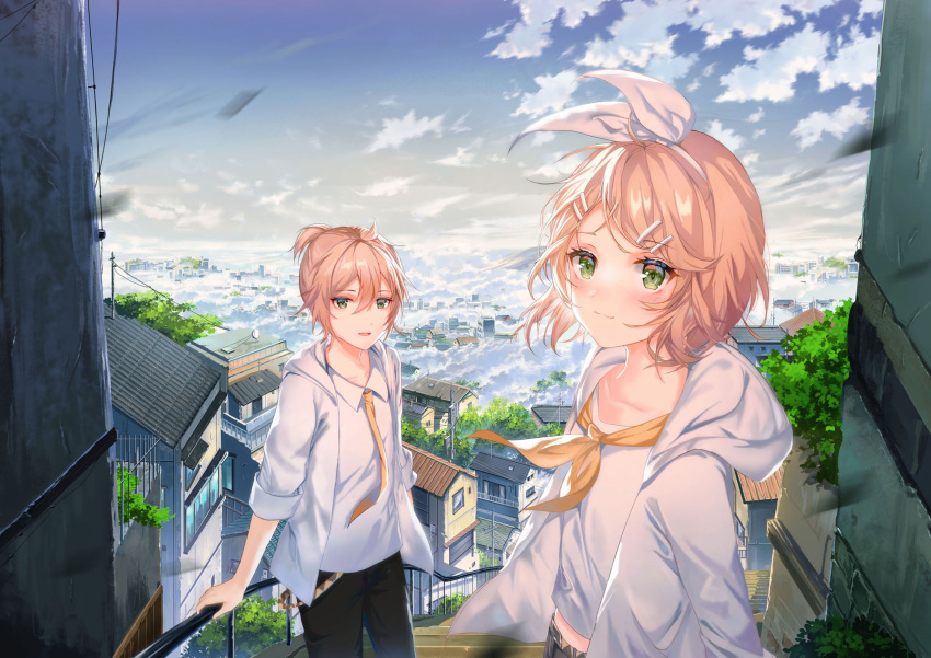 1boy 1girl :3 blonde_hair brother_and_sister building city cityscape clouds collarbone corpse_(pixiv) eyebrows_visible_through_hair green_eyes hair_ornament hairband hairclip highres hood hoodie kagamine_len kagamine_rin leaf motion_blur neckerchief necktie outdoors power_lines railing rooftop scenery shirt short_hair siblings sky stairs vocaloid white_hoodie white_shirt