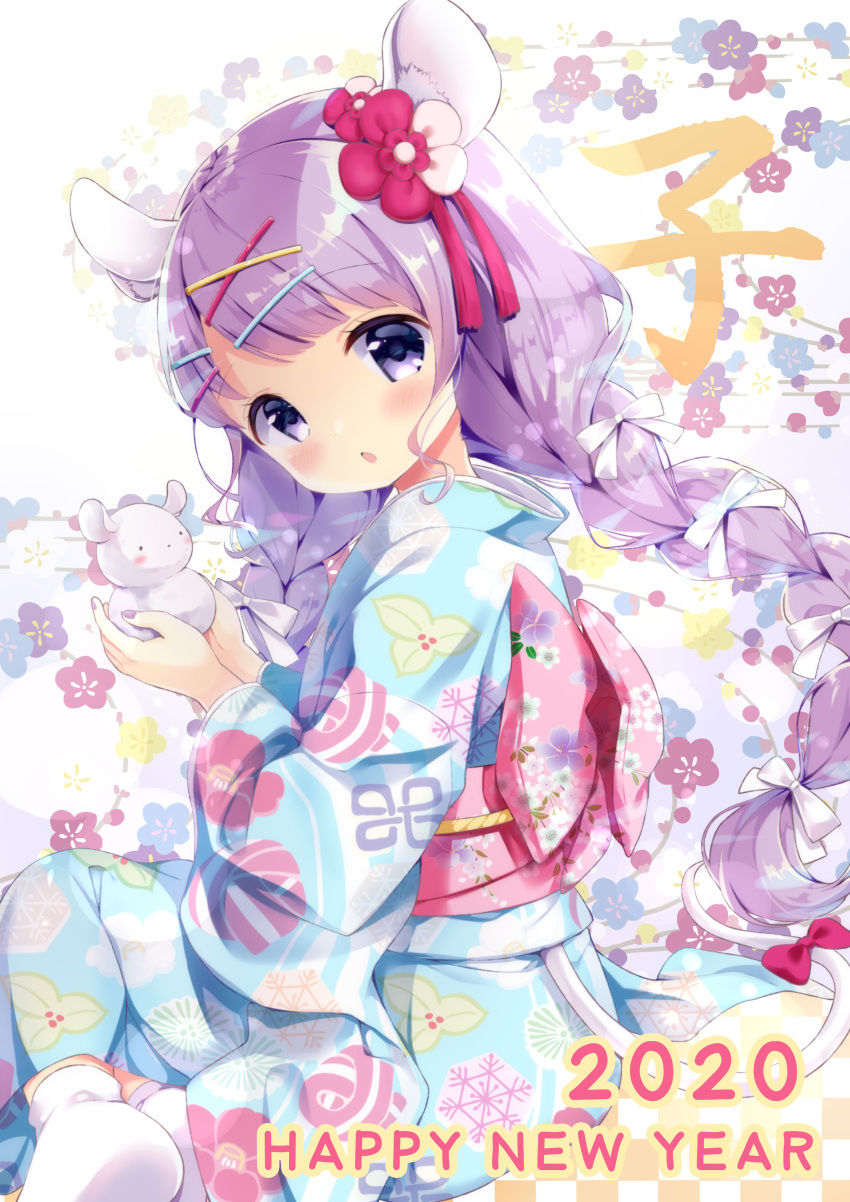 1girl 2020 absurdres animal_ears bangs blue_kimono blush bow braid chinese_zodiac commentary_request eyebrows_visible_through_hair floral_background floral_print flower hair_bow hair_flower hair_ornament hairclip happy_new_year highres holding japanese_clothes kimono long_hair long_sleeves looking_at_viewer looking_to_the_side low_twintails mouse_ears mouse_girl mouse_tail nail_polish neki_(wakiko) new_year obi original parted_lips print_kimono purple_hair purple_nails red_bow red_flower sash sitting socks soles solo tail tail_bow twin_braids twintails very_long_hair violet_eyes white_bow white_legwear wide_sleeves x_hair_ornament year_of_the_rat yokozuwari