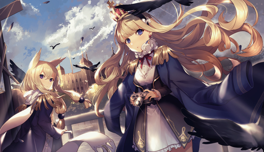 2girls absurdres alternate_costume azur_lane bird blonde_hair blue_eyes blue_jacket blue_sky camera cathedral closed_mouth clouds commentary_request crown day earrings epaulettes hair_ears hair_ribbon hairband highres holding holding_camera iiiroha jacket jacket_on_shoulders jewelry looking_at_viewer multiple_girls neck_ribbon neck_ruff outdoors queen_elizabeth_(azur_lane) red_ribbon ribbon scarf sky violet_eyes warspite_(azur_lane)