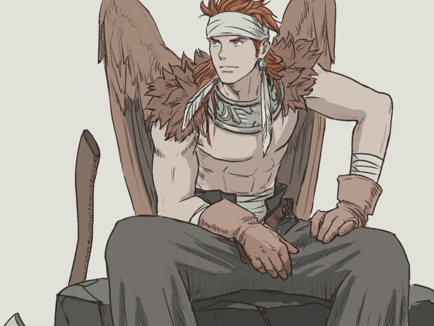 1boy abs black_pants brown_gloves brown_wings canopus_wolph earrings feather_earrings feathered_wings gloves headband jewelry long_hair male_focus pants redhead sitting solo tactics_ogre weapon windcaller wings