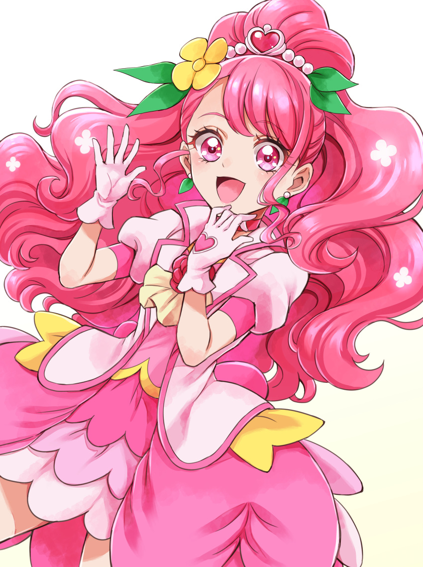 1girl :d absurdres blush cowboy_shot cure_grace earrings flower gloves hair_bun hair_flower hair_ornament hanadera_nodoka healin'_good_precure heart heart_hair_ornament highres jewelry layered_skirt long_hair looking_at_viewer magical_girl open_mouth pink_eyes pink_hair pink_skirt precure puffy_sleeves sharumon shiny shiny_hair simple_background skirt smile solo white_background white_gloves