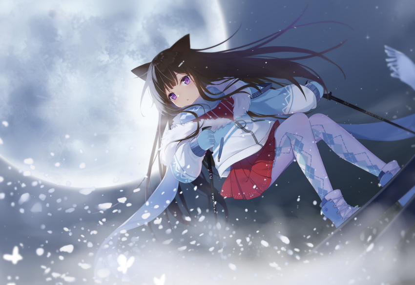 1girl animal_ears argyle argyle_legwear bangs black_hair blue_footwear blue_gloves blue_jacket blue_scarf boots cat_ears commentary_request fringe_trim fufumi full_moon gloves hair_ornament hairclip highres jacket long_hair long_sleeves looking_at_viewer moon night night_sky original outdoors pantyhose parted_lips pleated_skirt puffy_long_sleeves puffy_sleeves red_shirt red_skirt scarf shirt skirt sky sleeves_past_wrists snow snowboard snowboarding solo very_long_hair violet_eyes white_legwear