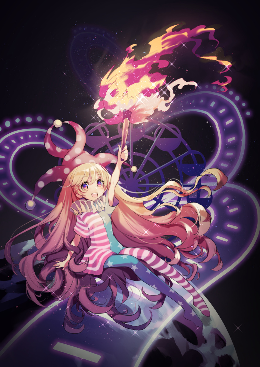 1girl :d american_flag_dress american_flag_legwear arm_up bangs black_background blonde_hair blue_dress blue_legwear clownpiece commentary_request dress eyebrows_visible_through_hair fire flame hair_between_eyes hat highres hitsuji_hiko_(mareep15) holding holding_torch jester_cap long_hair looking_at_viewer neck_ruff no_shoes open_mouth pantyhose polka_dot polka_dot_hat purple_headwear red_dress red_legwear short_dress short_sleeves sitting smile solo sparkle star star_print striped striped_dress striped_legwear torch touhou very_long_hair violet_eyes