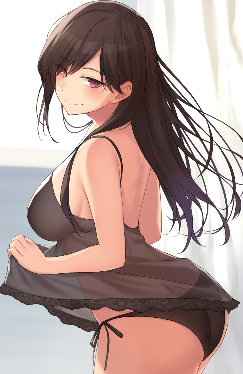 1girl ass babydoll bare_arms bare_shoulders black_panties breasts brown_hair cccpo commentary_request cowboy_shot highres large_breasts leaning_forward long_hair looking_at_viewer looking_back original panties pink_eyes side-tie_panties smile solo underwear underwear_only