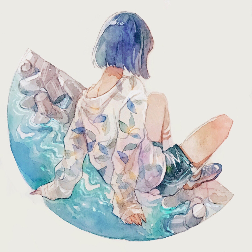 1girl arm_support blouse blue_hair bob_cut floral_print from_behind grey_background highres leaning_back looking_away ocean original shoes short_hair shorts simple_background sneakers socks solo striped striped_legwear surreal umauma623 white_legwear