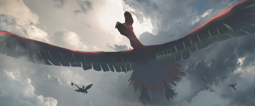 1girl absurdres asteroid_ill female_protagonist_(pokemon_go) flygon hand_on_head highres ho-oh pokemon pokemon_(game) pokemon_go ponytail sigilyph silhouette size