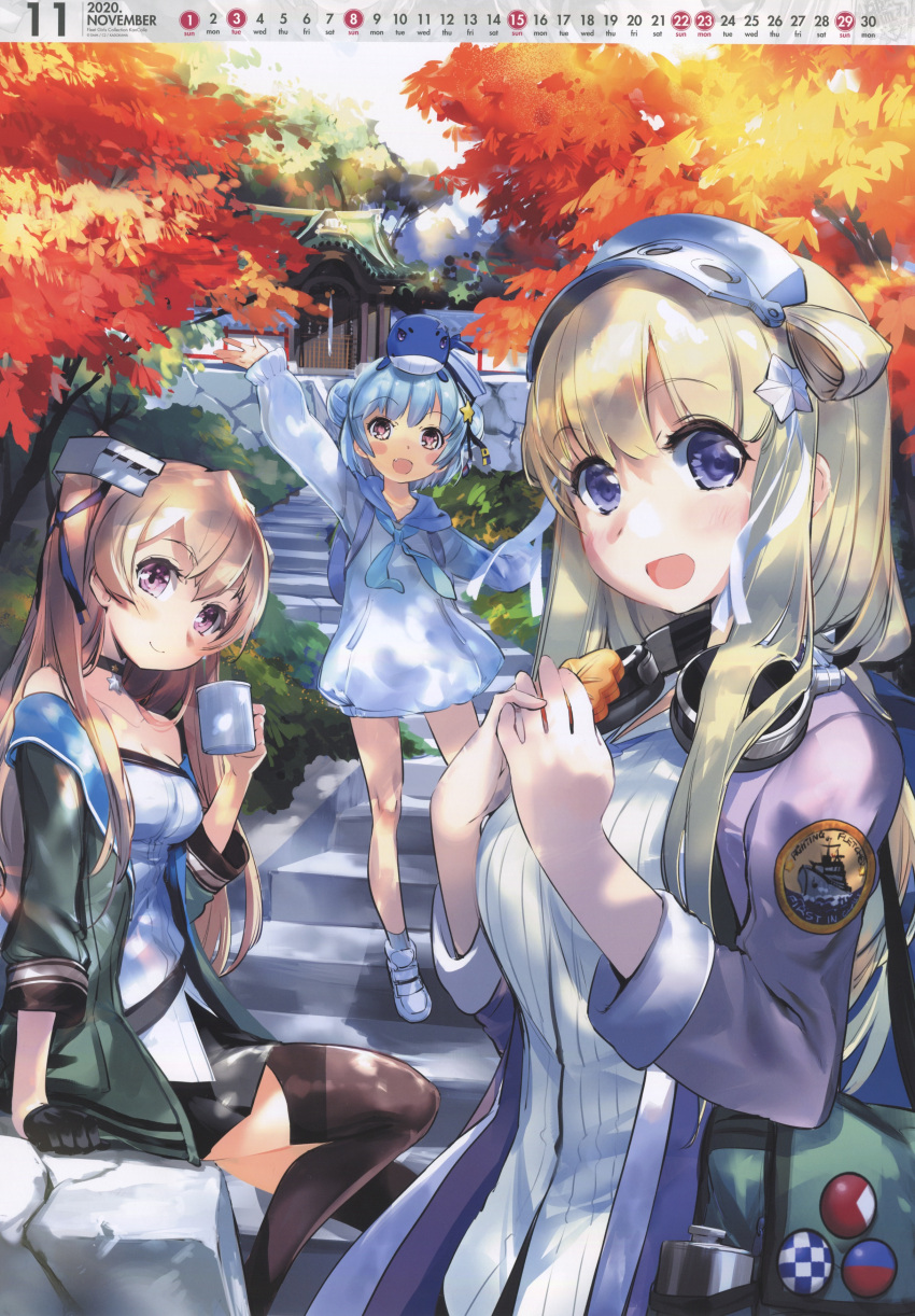 1other 3girls absurdres adapted_costume alternate_costume autumn_leaves backpack badge bag bare_shoulders black_ribbon blazer blonde_hair blue_eyes blue_hair blue_neckwear breasts brown_eyes brown_hair calendar_(medium) cowboy_shot dixie_cup_hat double_bun dress fletcher_(kantai_collection) full_body grey_dress grey_jacket hairband hat hat_ribbon headphones headphones_around_neck highres hood hooded_dress hoodie image_sample jacket johnston_(kantai_collection) kantai_collection light_brown_hair little_blue_whale_(kantai_collection) long_hair long_sleeves looking_at_viewer medium_breasts military_hat multiple_girls neckerchief official_art photo pink_jacket remodel_(kantai_collection) ribbon samuel_b._roberts_(kantai_collection) short_hair stairs two_side_up upper_body yandere_sample yellow_eyes zeco