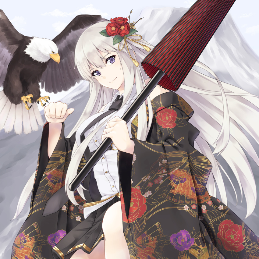 1girl azur_lane bald_eagle bangs belt bird bird_on_arm black_belt black_neckwear black_skirt breasts clenched_hand closed_umbrella clouds collared_shirt commentary_request cowboy_shot eagle enchuu enterprise_(azur_lane) eyebrows_visible_through_hair fan_print floral_print flower hair_flower hair_ornament head_tilt highres holding holding_umbrella japanese_clothes kimono large_breasts leg_up long_hair looking_at_viewer mountain necktie no_hat no_headwear no_shoes off-shoulder_kimono open_clothes open_kimono oriental_umbrella pleated_skirt print_kimono rose_hair_ornament shirt skirt sky sleeveless sleeveless_shirt smile solo_focus umbrella underbust violet_eyes white_hair wide_sleeves