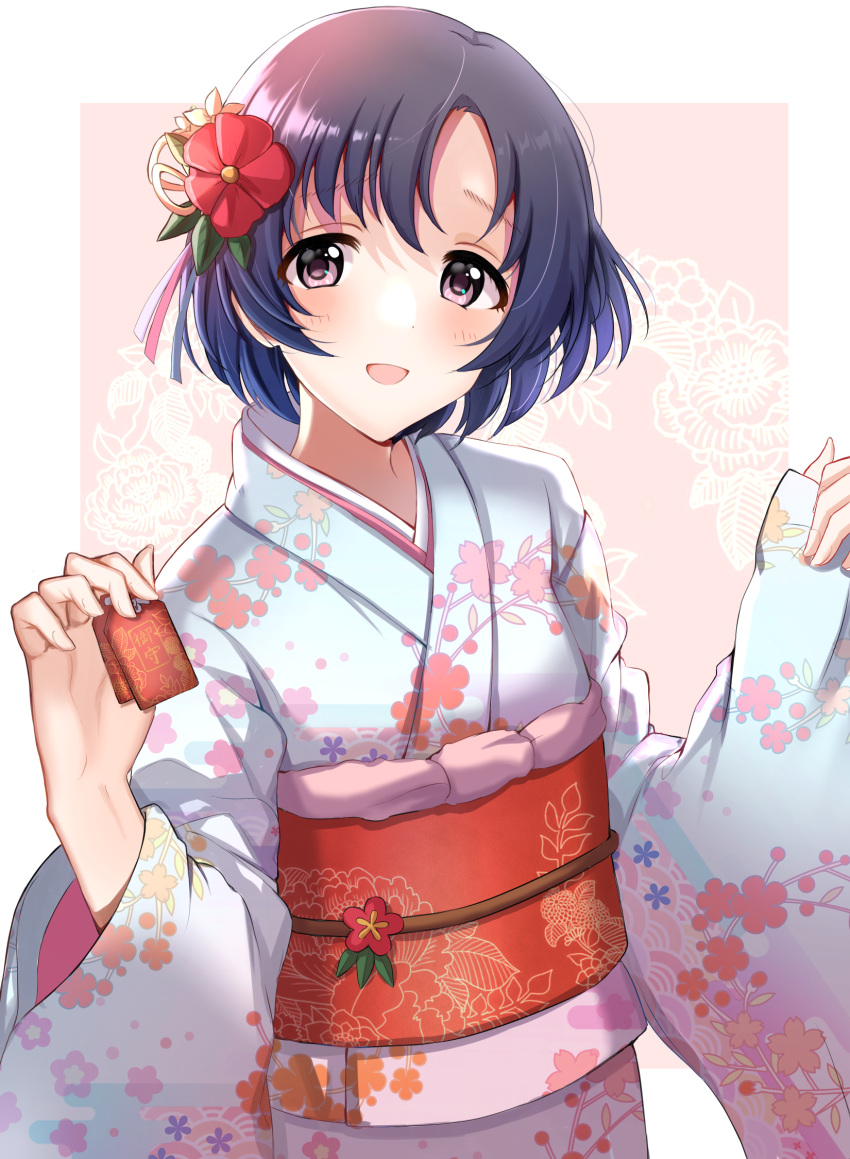 1girl :d bangs black_hair blue_hair blue_kimono blush brown_background commentary_request eyebrows_visible_through_hair floral_background floral_print flower gradient_hair hair_flower hair_ornament hands_up highres holding idolmaster idolmaster_cinderella_girls japanese_clothes kimono long_sleeves looking_at_viewer multicolored_hair obi open_mouth pinching_sleeves pink_eyes print_kimono red_flower sash satoimo_chika shiragiku_hotaru sleeves_past_wrists smile solo two-tone_background upper_body white_background white_flower wide_sleeves