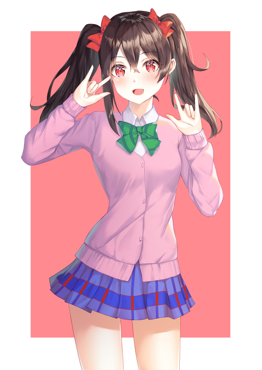 1girl \m/ absurdres bangs black_hair blue_skirt blush bow commentary_request eyebrows_visible_through_hair green_bow green_neckwear hair_between_eyes hair_bow highres jacket kokose long_hair long_sleeves looking_at_viewer love_live! love_live!_school_idol_project open_mouth pink_background pink_jacket red_eyes red_skirt simple_background skirt smile solo twintails two-tone_background two-tone_skirt white_background yazawa_nico