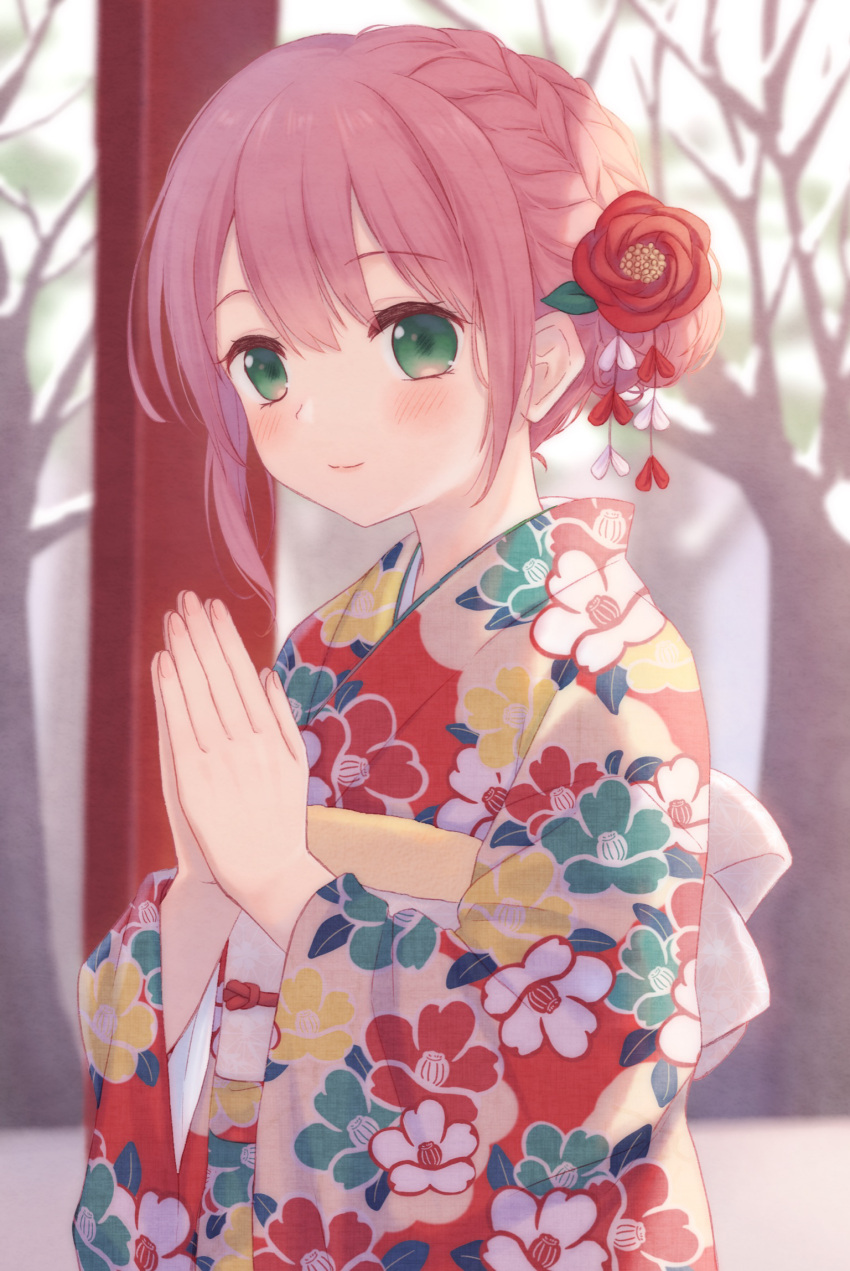 1girl bangs bare_tree blurry blurry_background blush braid brown_hair closed_mouth commentary_request depth_of_field eyebrows_visible_through_hair floral_print flower furisode green_eyes hair_between_eyes hair_flower hair_ornament hands_together hands_up highres japanese_clothes kazane_mari kimono obi original own_hands_together palms_together print_kimono red_flower red_kimono sash smile solo tree upper_body