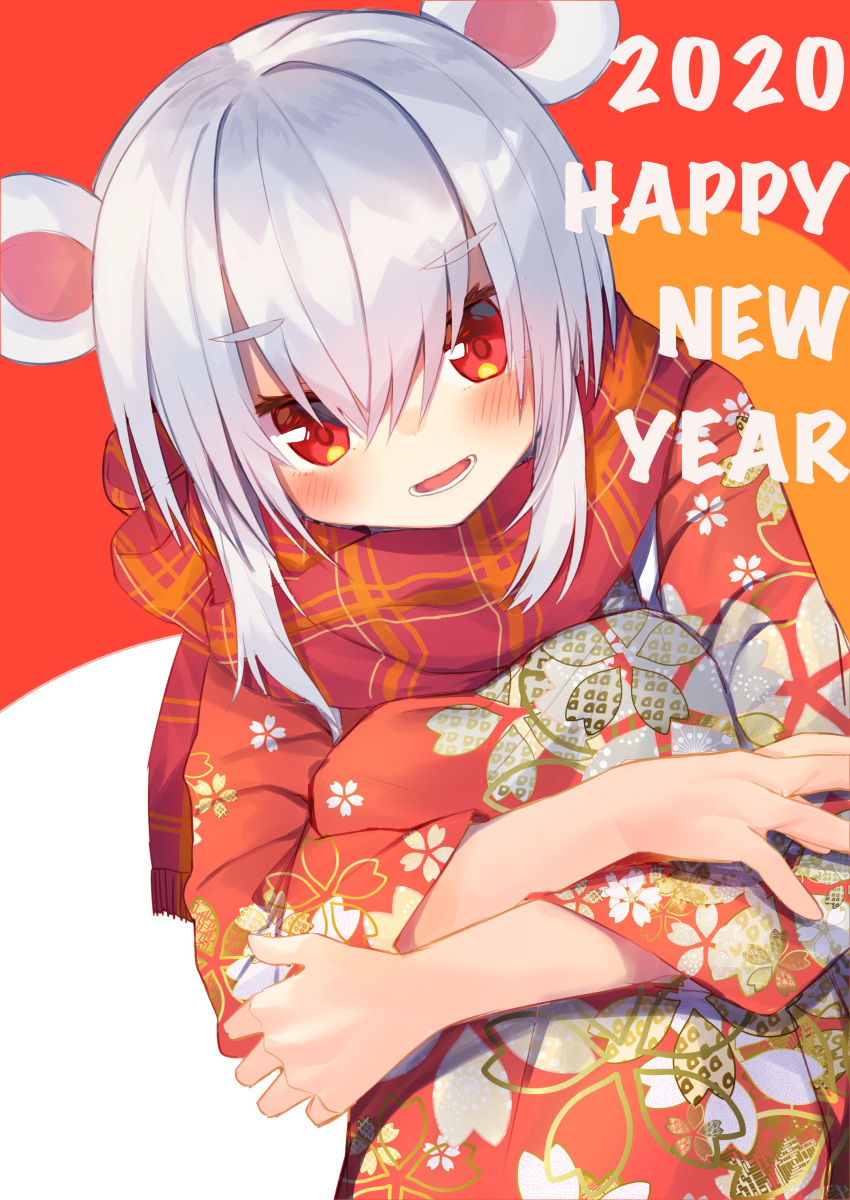 1girl :d absurdres animal_ears bangs cherry_blossom_print chinese_zodiac commentary_request daifukumochi_(akaaokiiwo) eyebrows_visible_through_hair floral_print fringe_trim hair_between_eyes happy_new_year highres japanese_clothes kimono knees_up leg_hug long_sleeves looking_at_viewer lower_teeth mouse_ears new_year open_mouth original plaid plaid_scarf print_kimono red_eyes red_kimono red_scarf scarf silver_hair sitting smile solo wide_sleeves year_of_the_rat