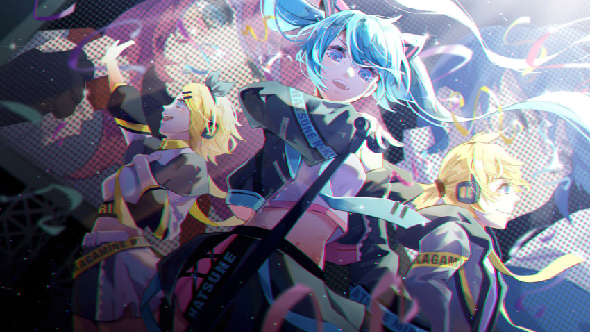 2boys 3girls aqua_eyes aqua_hair aqua_nails aqua_neckwear bangs black_bow black_jacket black_skirt blonde_hair blue_eyes blue_hair book bow character_name commentary concert confetti crop_top dutch_angle hair_bow hair_ornament hand_on_own_chest hand_up hatsune_miku headphones hiro_chikyuujin holding holding_microphone jacket kagamine_len kagamine_rin kaito long_hair looking_at_viewer looking_to_the_side megurine_luka microphone microphone_stand midriff multiple_boys multiple_girls nail_polish necktie off-shoulder_jacket open_mouth outstretched_arm pink_hair projected_inset shirt short_hair short_ponytail skirt smile spiky_hair swept_bangs twintails very_long_hair vocaloid white_coat white_shirt yellow_neckwear