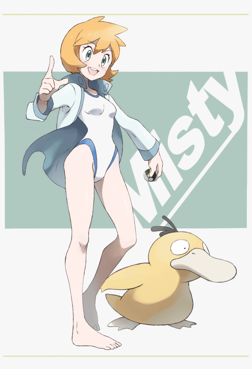 1girl bare_legs barefoot breasts character_name gen_1_pokemon green_eyes gym_leader highres holding holding_poke_ball jacket kasumi_(pokemon) long_sleeves nomura_(buroriidesu) one-piece_swimsuit open_clothes open_jacket open_mouth orange_hair poke_ball pokemon pokemon_(game) pokemon_hgss psyduck short_hair swimsuit two-tone_background ultra_ball upper_teeth white_swimsuit