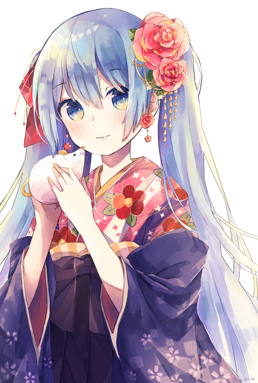 1girl absurdres animal blue_eyes blue_hair blue_kimono checkered checkered_kimono commentary earrings english_commentary floral_print flower flower_earrings hair_flower hair_ornament hands_up haruta_(user_dndp3458) hatsune_miku highres holding holding_animal japanese_clothes jewelry kimono long_hair looking_at_viewer mouse new_year obi sash smile solo twintails upper_body very_long_hair vocaloid white_background