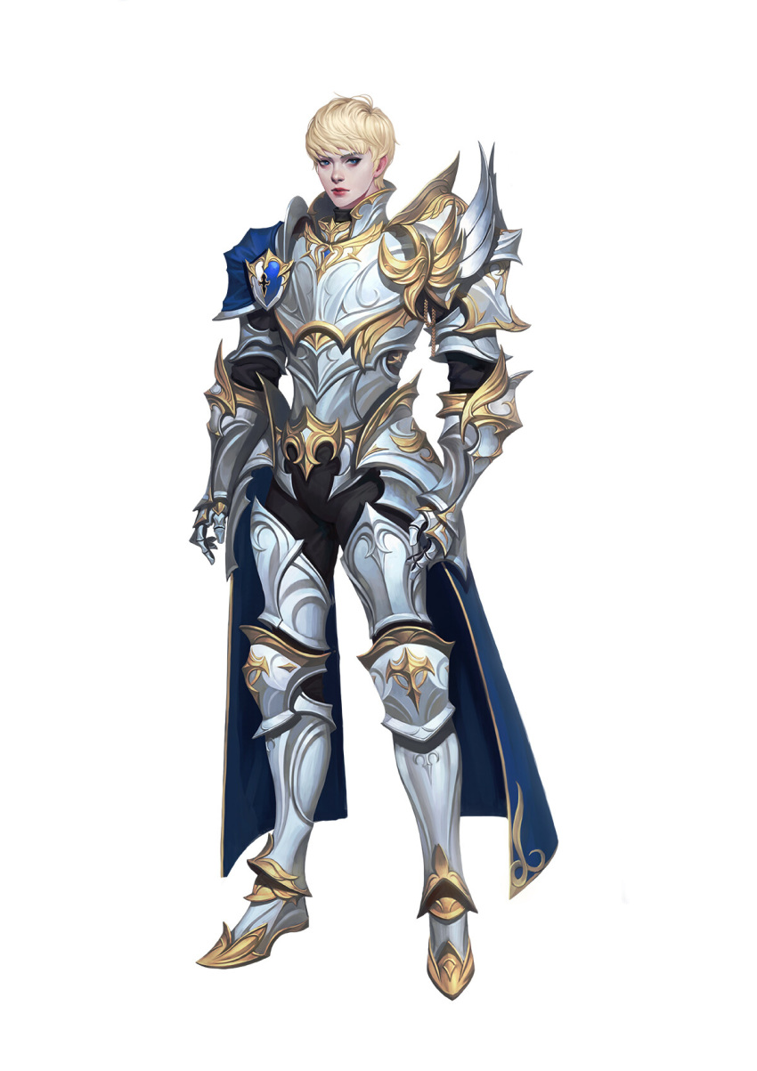 androgynous armor arms_at_sides blonde_hair blue_cape blue_eyes cape cheolseung_ok full_body gauntlets greaves grey_footwear highres looking_at_viewer original short_hair simple_background solo standing white_background