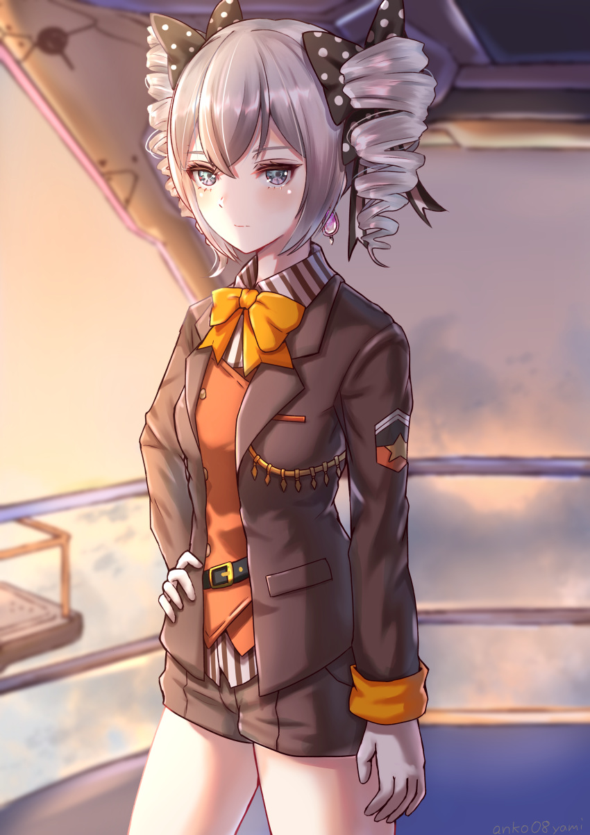 1girl absurdres black_bow blue_eyes blush bow bronya_zaychik bronya_zaychik_(wolf's_dawn) brown_jacket brown_shorts closed_mouth clouds cowboy_shot drill_hair earrings expressionless gloves hair_between_eyes hair_bow hand_on_hip highres honkai_(series) honkai_impact_3rd jacket jewelry long_sleeves looking_at_viewer military_jacket open_clothes open_jacket outdoors polka_dot polka_dot_bow short_hair short_shorts shorts silver_hair solo twin_drills twintails white_gloves yami_anko