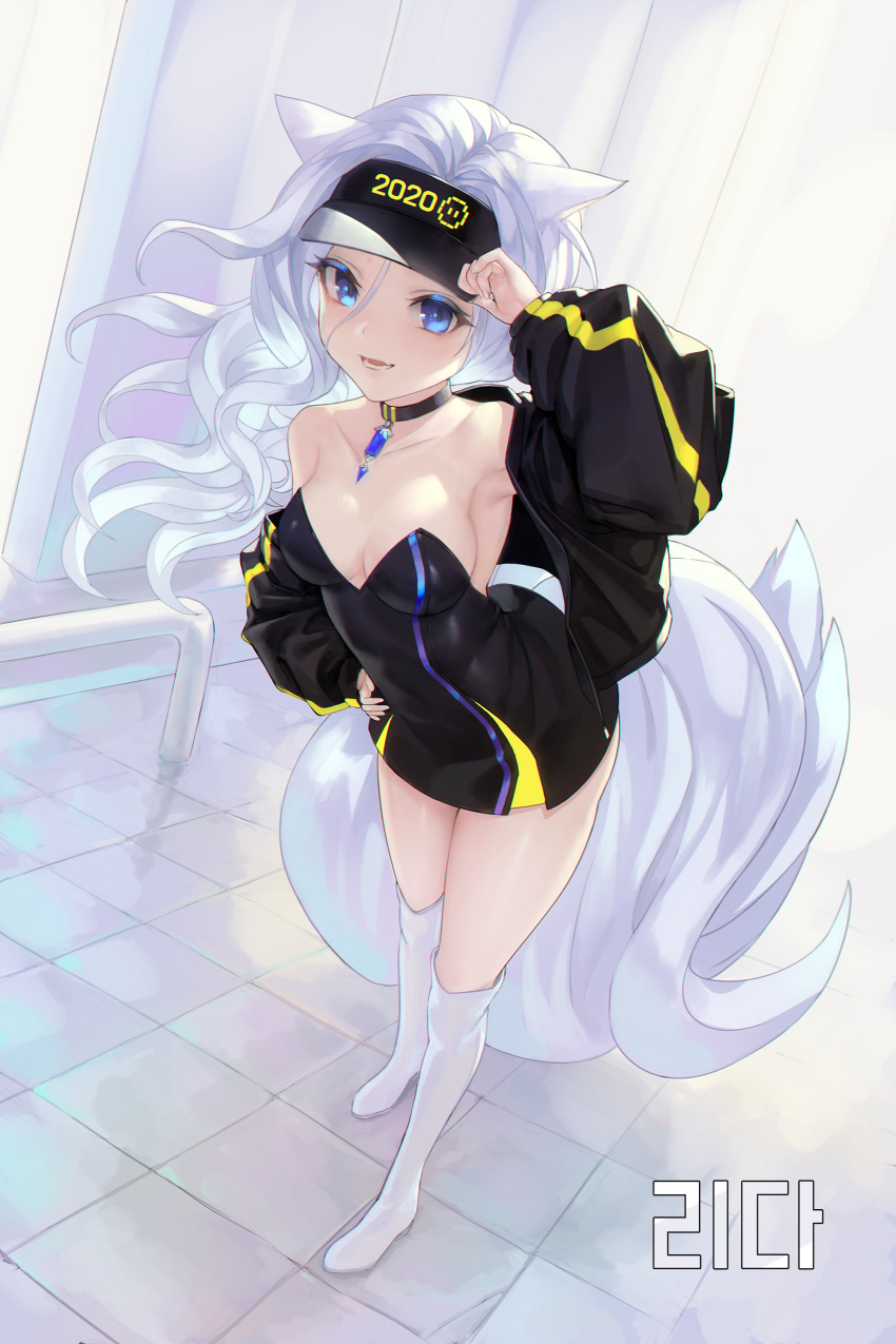 1girl 2020 absurdres animal_ears armpits bare_shoulders black_dress black_jacket blade_&amp;_soul blue_eyes boots breasts choker collarbone commission dress egk513 fox_ears fox_girl fox_tail full_body hair_between_eyes hand_on_headwear hand_on_hip highres jacket knee_boots kneehighs long_hair looking_at_viewer lyn_(blade_&amp;_soul) medium_breasts off_shoulder open_clothes open_jacket open_mouth plushmallow_(lyn) puffy_sleeves short_dress sleeveless sleeveless_dress solo standing strapless strapless_dress tail tile_floor tiles visor_cap wavy_hair white_footwear white_hair