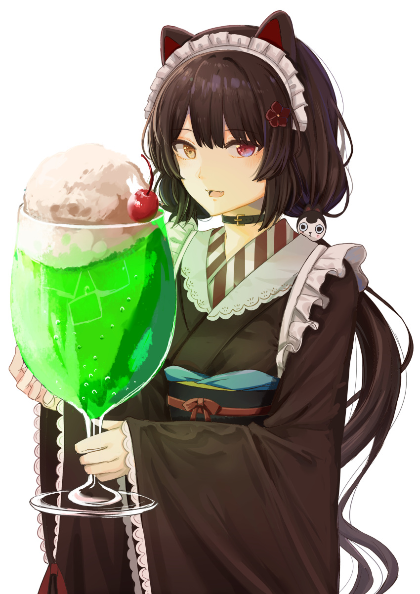1girl absurdres animal_ears bangs black_collar black_hair blush bubble cherry collar dog_ears dog_girl dog_hair_ornament fangs flower food fruit furisode hair_flower hair_ornament heterochromia highres holding ibuki_(ibuki0118) ice_cream ice_cream_float inui_toko japanese_clothes kimono long_hair long_sleeves looking_at_viewer maid_headdress melon_soda nijisanji obi open_mouth oversized_food oversized_object red_eyes sash simple_background sketch smile solo twintails upper_body very_long_hair virtual_youtuber wa_maid white_background wide_sleeves yellow_eyes