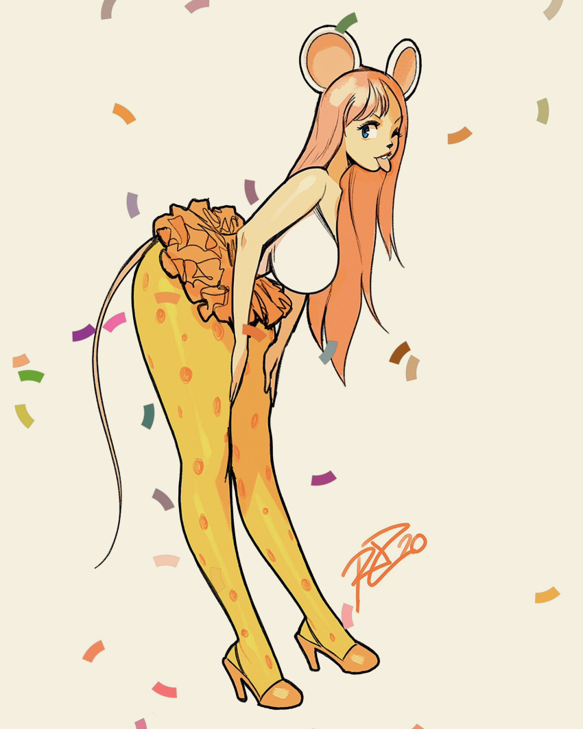 1girl 2020 ;p animal_ears bent_over blue_eyes breasts chinese_zodiac commentary confetti english_commentary eyebrows eyelashes full_body furry hands_on_own_thighs highres huge_breasts long_hair long_legs looking_at_viewer microskirt mouse_ears mouse_girl mouse_tail new_year one_eye_closed orange_footwear orange_hair orange_skirt original pumps robert_porter skirt slender_waist snout solo tail thick_thighs thighs tongue tongue_out year_of_the_rat yellow_legwear