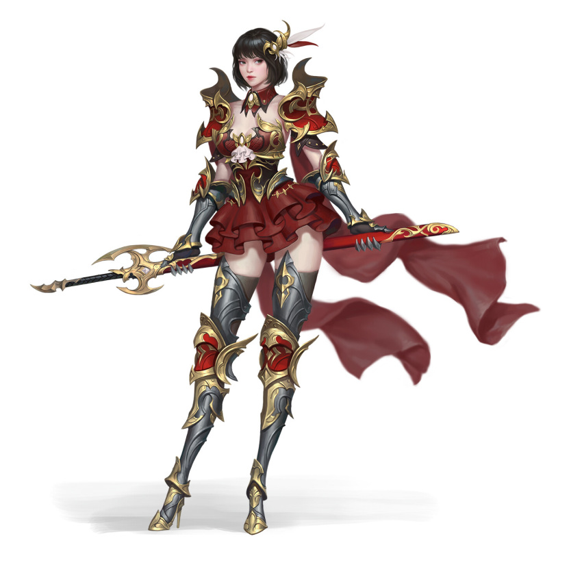 1girl black_eyes black_hair breasts cheolseung_ok detached_collar dress full_body gauntlets greaves hair_ornament high_heels highres holding holding_sword holding_weapon looking_at_viewer medium_breasts original red_dress sheath sheathed simple_background solo standing sword thigh-highs weapon white_background