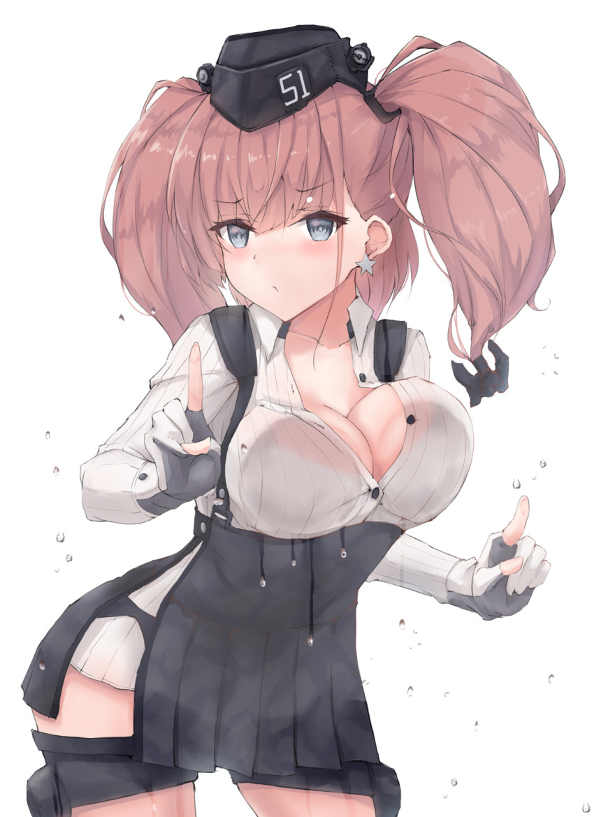 1girl atlanta_(kantai_collection) black_skirt blush breasts brown_hair commentary_request earrings eyebrows_visible_through_hair garrison_cap gloves grey_eyes hat high-waist_skirt highres jewelry k_jie kantai_collection large_breasts long_hair long_sleeves looking_at_viewer partly_fingerless_gloves shirt skirt solo star star_earrings suspender_skirt suspenders thigh_strap two_side_up white_shirt