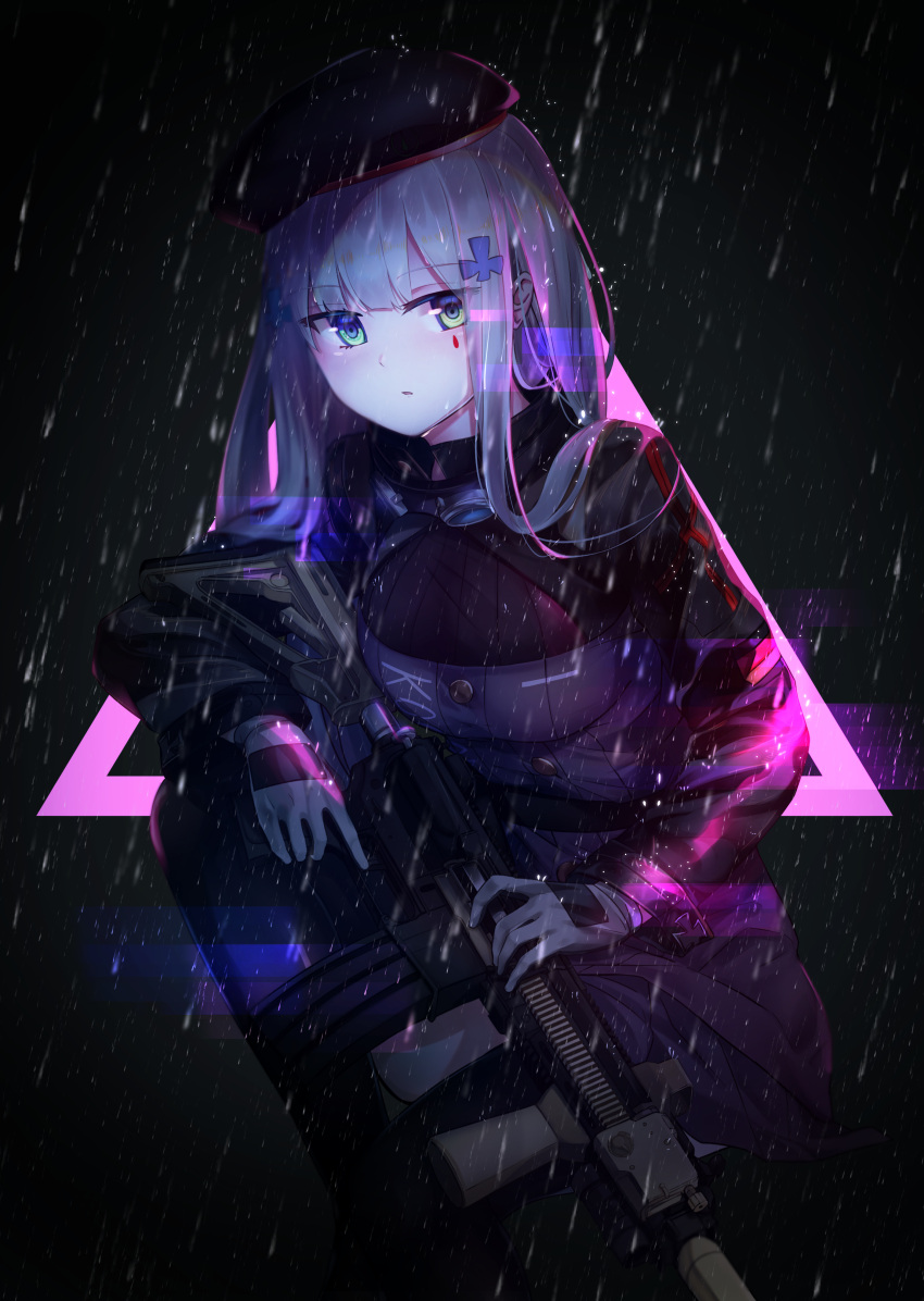 1girl :o absurdres aritsuno assault_rifle bangs beret black_headwear black_legwear black_skirt blunt_bangs blush breasts buttons collar eyebrows_visible_through_hair eyes_visible_through_hair facial_mark girls_frontline gloves green_eyes grey_gloves gun h&amp;k_hk416 hair_between_eyes hair_ornament hair_over_shoulder hat highres hk416_(girls_frontline) holding holding_gun holding_weapon jacket long_hair long_sleeves looking_at_viewer medium_breasts military_jacket neon_lights night parted_lips rain rifle silver_hair simple_background sitting skirt solo suppressor teardrop thigh-highs trigger_discipline water_drop weapon