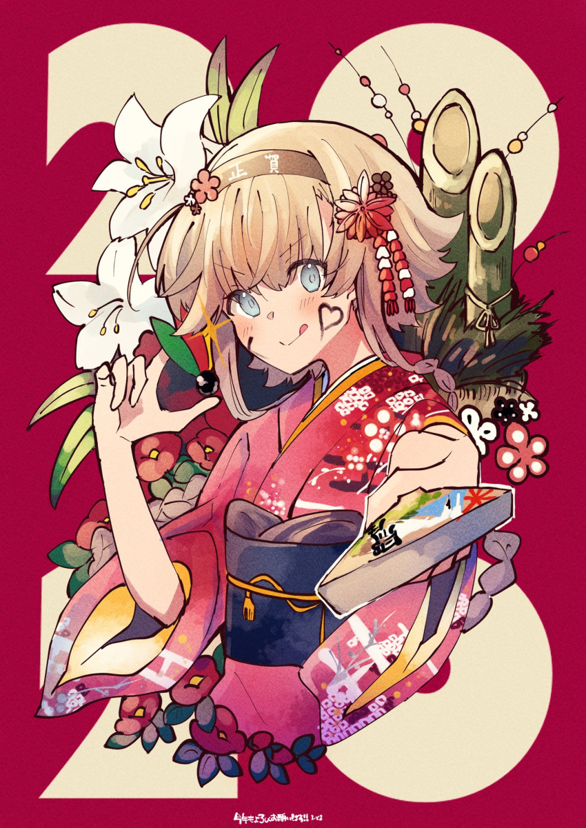 1girl 2020 alternate_costume black_headband blue_eyes blush braid brown_hair clothes_writing edel_(edelcat) eyebrows_visible_through_hair flower hachimaki hair_between_eyes headband highres japanese_clothes kadomatsu kantai_collection kimono lily_(flower) long_hair reaching_out red_kimono smile solo teruzuki_(kantai_collection) tongue tongue_out twin_braids v-shaped_eyebrows white_flower wide_sleeves