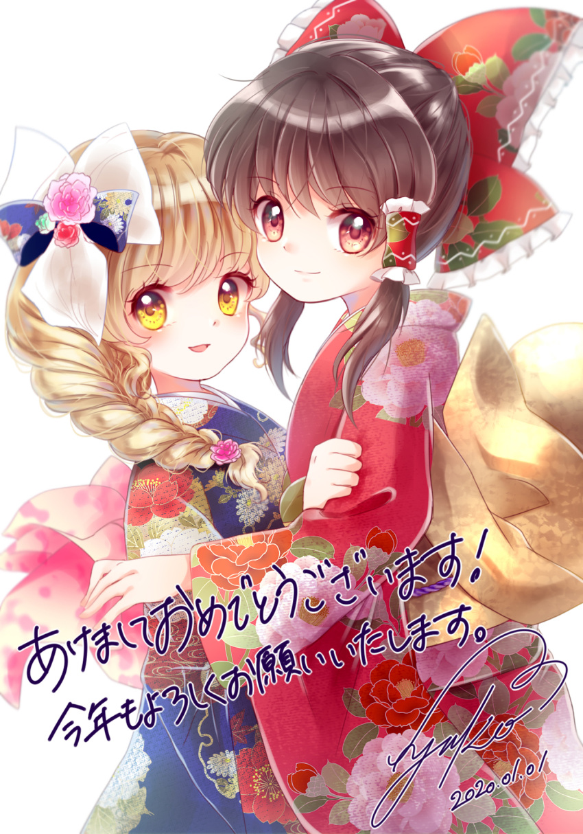 2girls alternate_costume alternate_hairstyle alternate_headwear bangs blonde_pubic_hair blue_kimono bow braided_ponytail brown_hair commentary commentary_request cowboy_shot dated eyebrows_visible_through_hair floral_print flower hair_bow hair_flower hair_ornament hair_ribbon hair_tubes hakurei_reimu half_updo hand_on_another's_arm happy_new_year highres hug japanese_clothes kimono kirisame_marisa kotoyoro long_hair looking_at_viewer multiple_girls nengajou new_year obi parted_lips partial_commentary pink_flower pink_rose red_eyes red_kimono ribbon rose sash short_hair sidelocks signature simple_background smile standing symbol_commentary touhou white_background yellow_eyes yurigaoka_nayuki