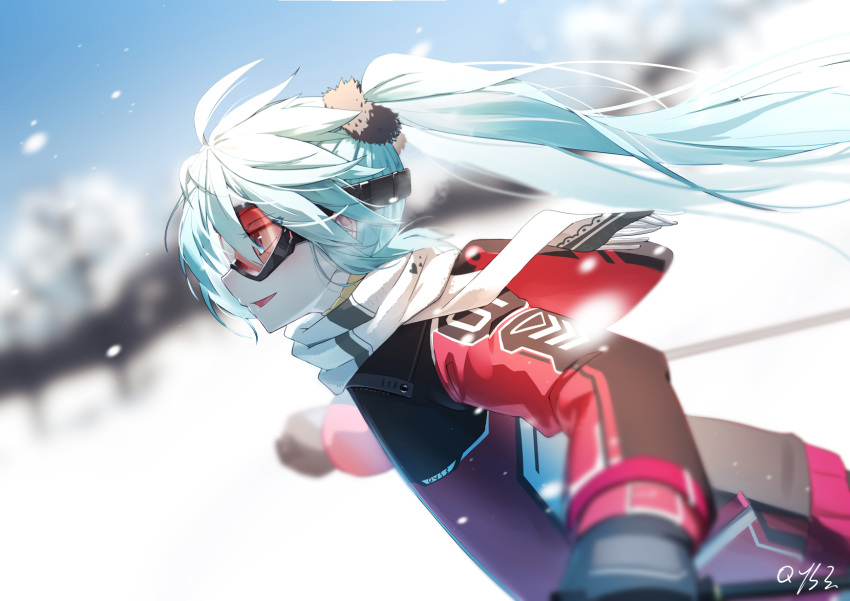 1girl bai_yemeng bangs black_gloves blue_eyes blue_hair blue_sky blurry blurry_background blurry_foreground chinese_commentary commentary day depth_of_field floating_hair fringe_trim gloves hatsune_miku highres hood hood_down hooded_jacket jacket long_hair long_sleeves looking_away outdoors parted_lips profile red_jacket revision scarf signature ski_goggles skiing sky smile snow solo twintails vocaloid white_scarf