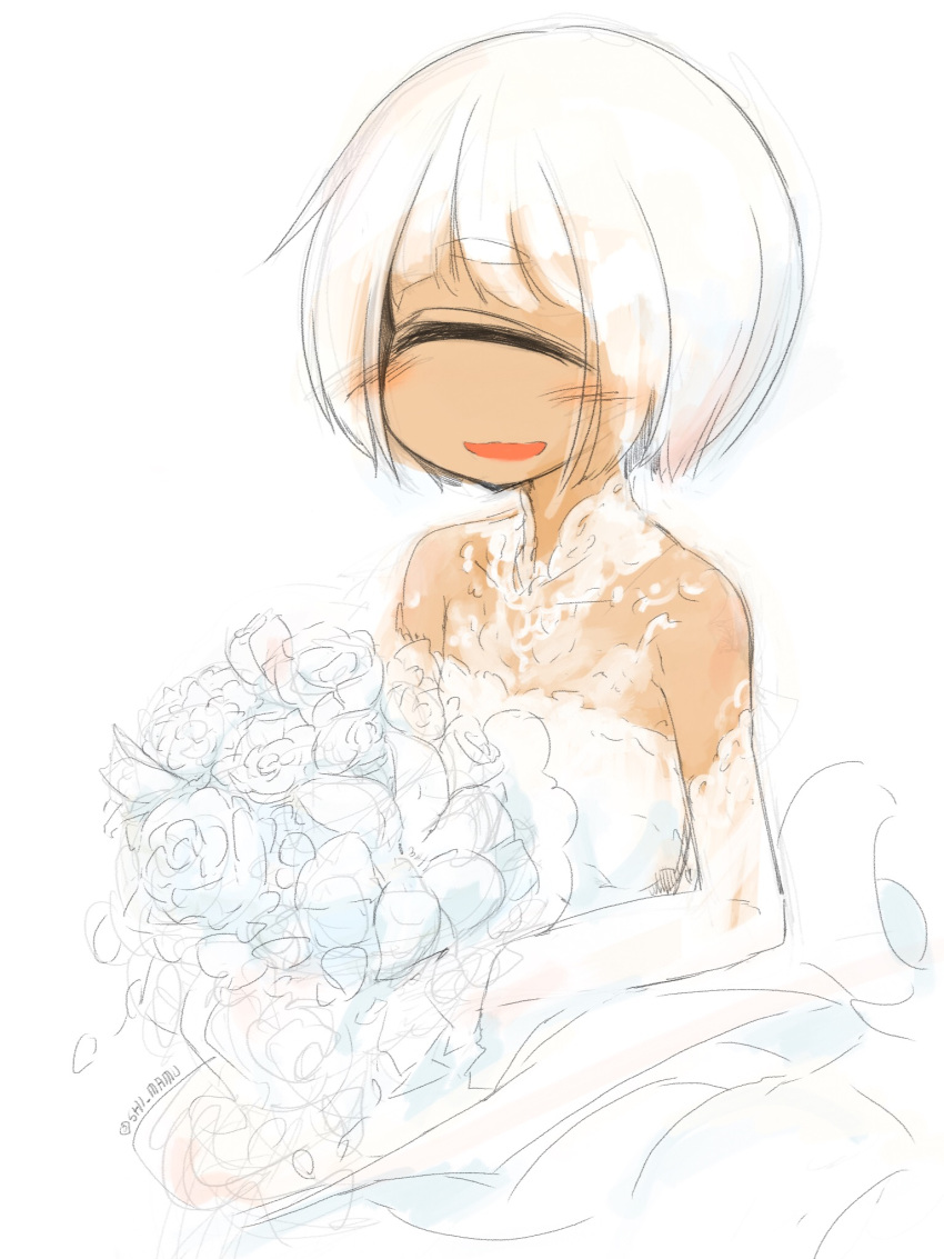 1girl :d bare_shoulders blush bouquet bridal_gauntlets closed_eyes cyclops dark_skin dress flower highres one-eyed open_mouth original rose shima_(sh1mamu) signature simple_background sketch smile solo thick_eyebrows twitter_username upper_body wedding_dress white_background white_hair