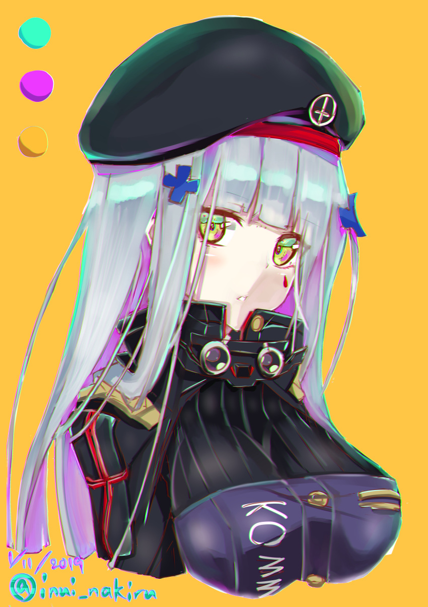 1girl absurdres artist_name bangs beret black_headwear blunt_bangs blush breasts collar commentary_request cross dated eyebrows_visible_through_hair eyes_visible_through_hair facial_mark girls_frontline green_eyes hair_ornament hair_over_shoulder hat headwear highres hk416_(girls_frontline) inui_nakiru jacket large_breasts long_hair looking_at_viewer military_jacket parted_lips silver_hair simple_background solo teardrop upper_body yellow_background