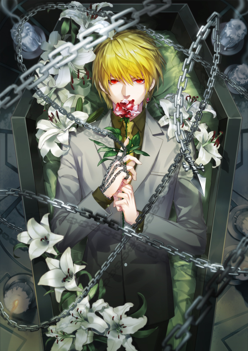 1boy absurdres bangs blonde_hair blood blurry candle candlelight candlestand catree chain closed_mouth coffin collared_shirt cowboy_shot depth_of_field earrings flower flower_to_mouth formal highres holding holding_flower hunter_x_hunter in_container jewelry kurapika lily_(flower) long_sleeves looking_at_viewer lying male_focus necktie on_back pants red_eyes red_flower red_rose ring rose shirt single_earring smoke solo suit thorns weapon white_flower white_rose yellow_neckwear yellow_shirt