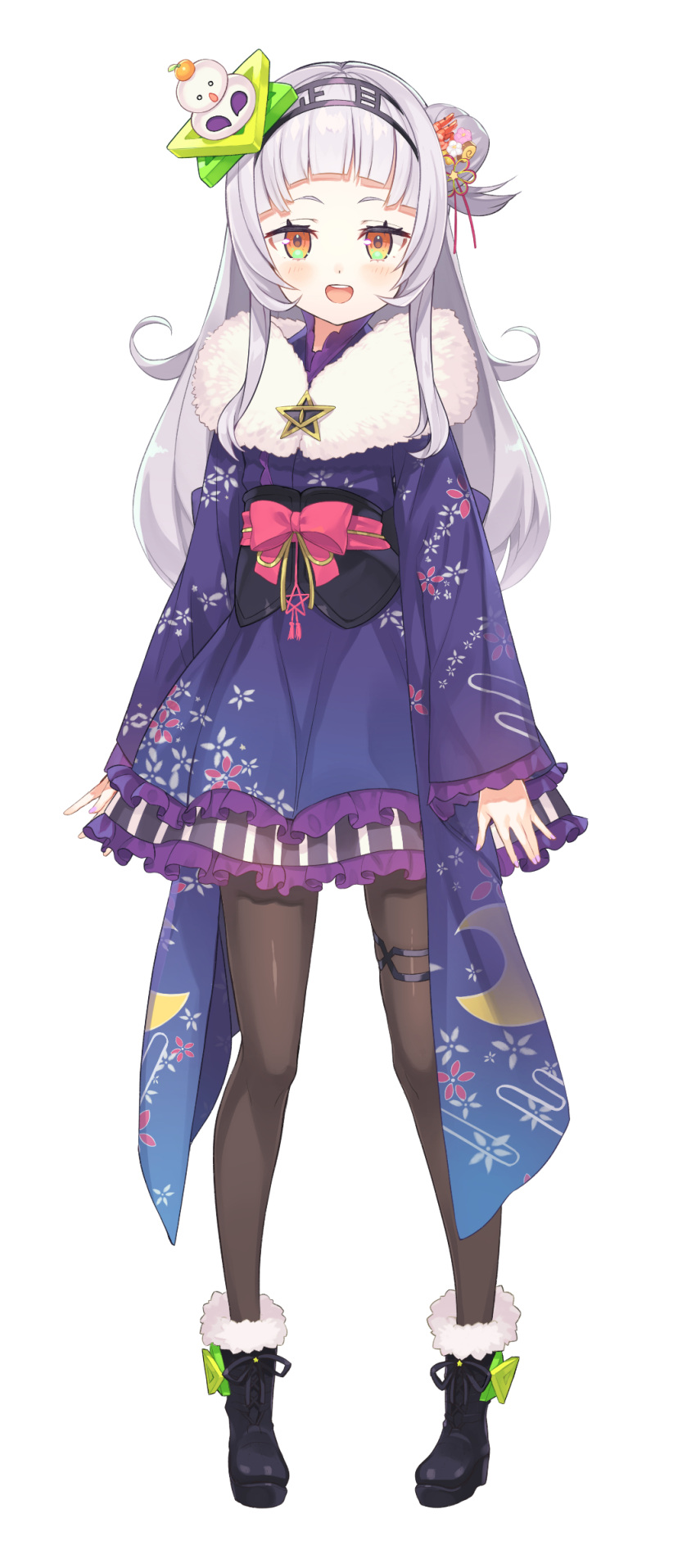 1girl absurdres blush boots full_body hair_bun hair_ornament headband highres hololive japanese_clothes kimono long_sleeves looking_at_viewer murasaki_shion official_art open_mouth pantyhose silver_hair simple_background solo tam-u virtual_youtuber white_background yellow_eyes