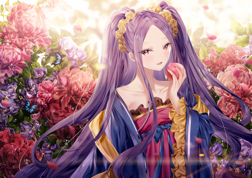 1girl :d absurdres animal bangs blue_bow bow bug butterfly chinese_clothes collarbone commentary_request dress fang fate/grand_order fate_(series) flower food forehead frilled_dress frills fruit hair_ornament hair_scrunchie hanfu highres holding holding_food huge_filesize insect junpaku_karen looking_at_viewer open_clothes open_mouth parted_bangs peach purple_flower purple_hair red_dress red_eyes red_flower scrunchie shawl sidelocks smile solo strapless strapless_dress two_side_up wu_zetian_(fate/grand_order) yellow_scrunchie