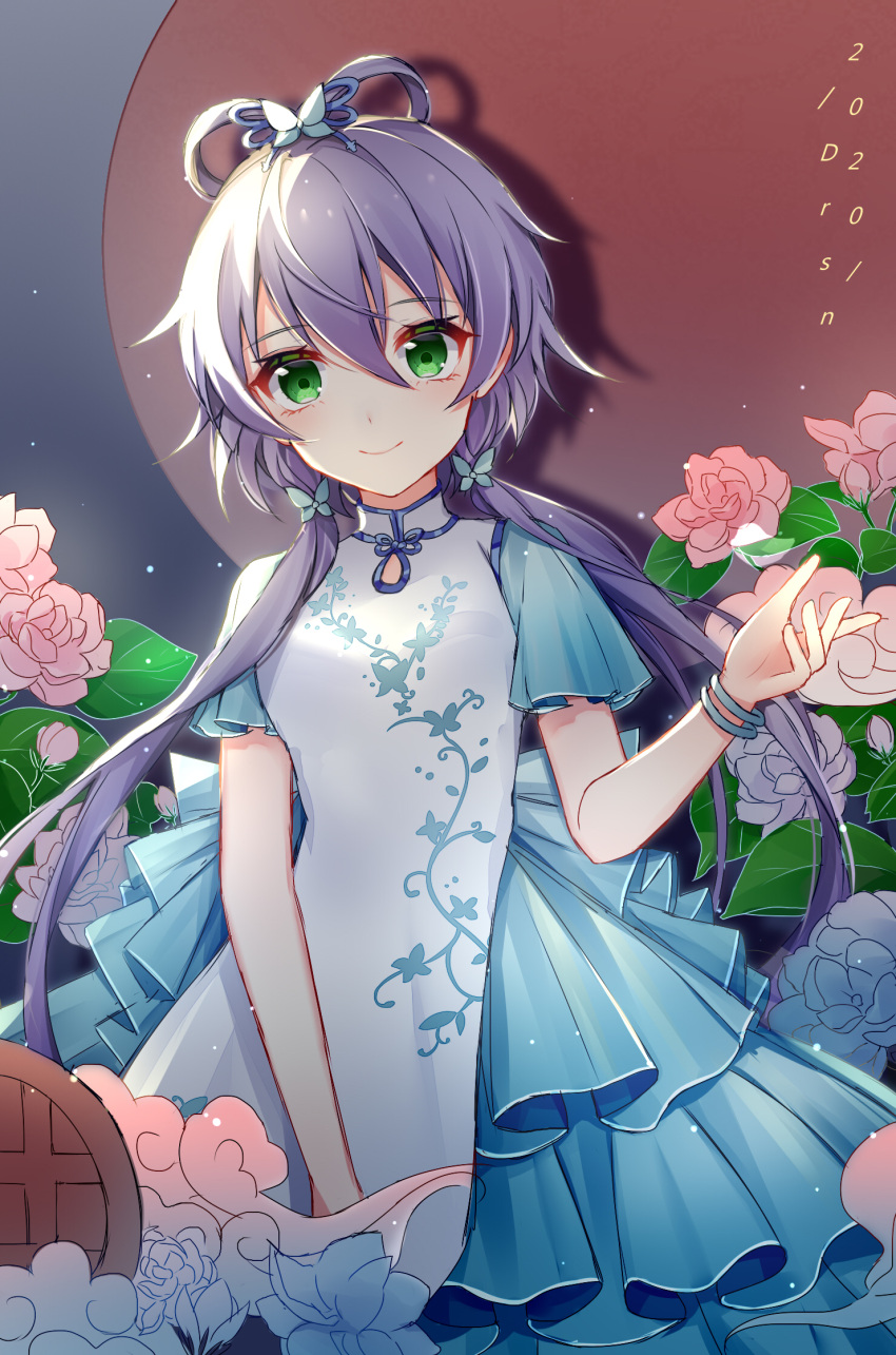 1girl 2020 artist_name blue_skirt blue_sleeves butterfly_hair_ornament chinese_clothes chinese_commentary commentary_request dress drsn floral_print flower green_eyes hair_ornament hair_rings hand_up highres layered_skirt looking_at_viewer lotus luo_tianyi moon purple_hair skirt smile solo twintails upper_body vocaloid white_dress whorled_clouds wristband