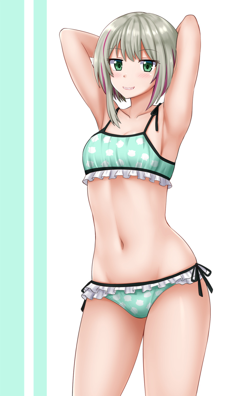 1girl armpits arms_up bangs bare_arms bare_shoulders bikini blush collarbone commentary english_commentary eyebrows_visible_through_hair fang fang_out frilled_bikini frills green_bikini green_eyes grey_hair grin highres kazenokaze looking_at_viewer miyu_ottavia multicolored_hair navel nijisanji nijisanji_id print_bikini purple_hair side-tie_bikini smile solo streaked_hair swimsuit virtual_youtuber