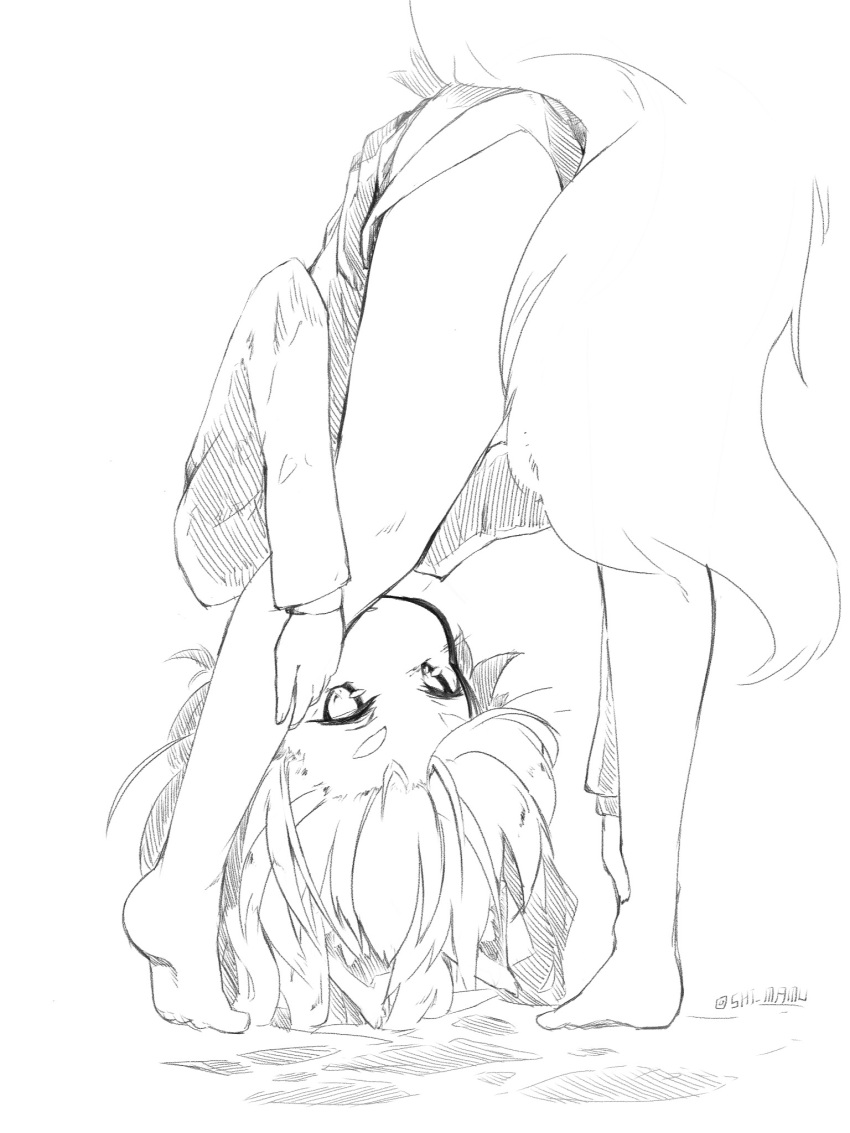 1girl animal_ears bare_legs barefoot folded fox_ears fox_tail full_body highres looking_at_viewer looking_back original shima_(sh1mamu) shorts signature simple_background sketch tail thick_eyebrows tiptoes top-down_bottom-up twitter_username upside-down white_background