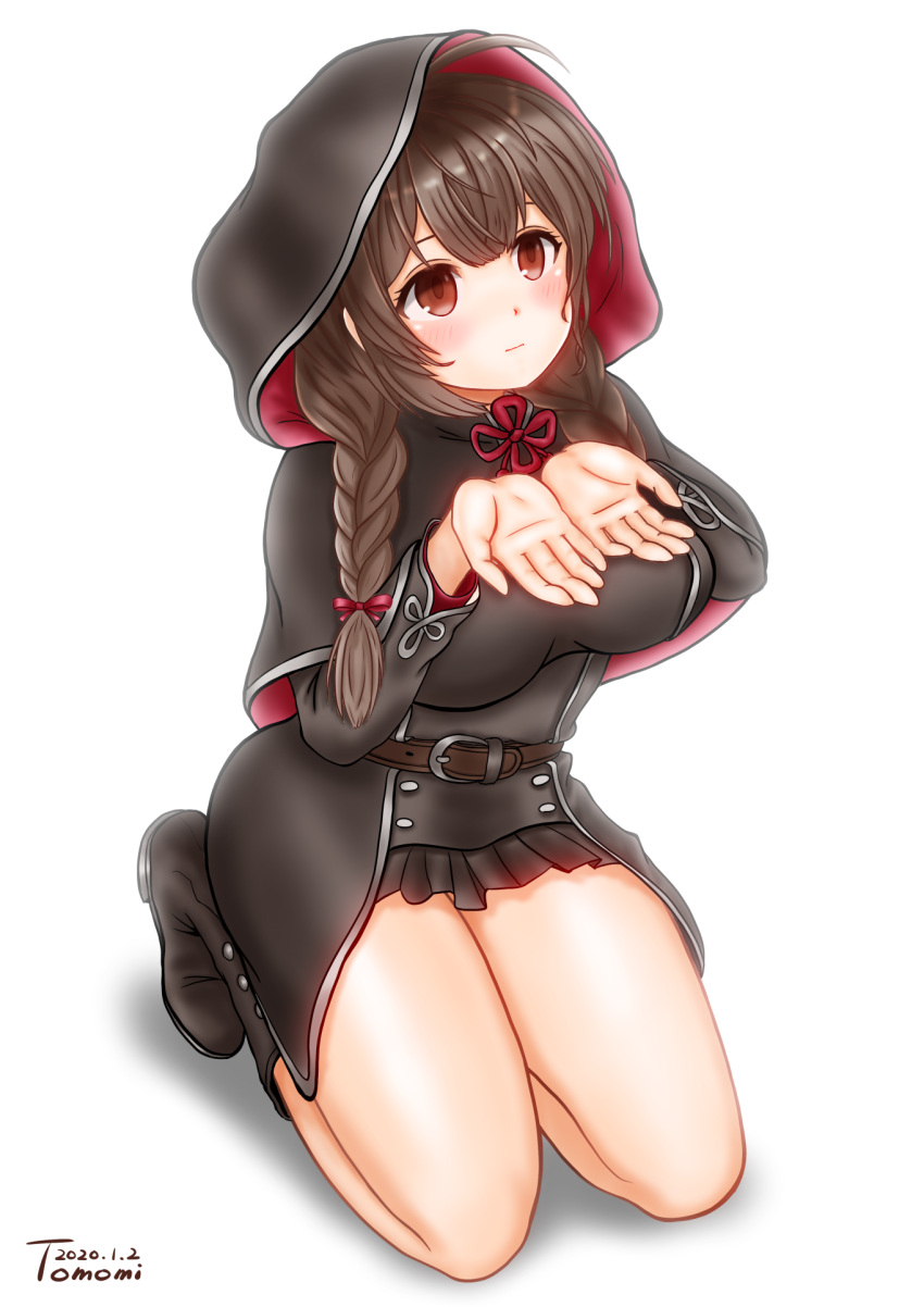 1girl belt black_capelet black_dress blush boots braid breasts brown_belt brown_eyes brown_hair capelet dress eyebrows_visible_through_hair hair_ribbon highres hood hooded_capelet kantai_collection large_breasts long_hair long_sleeves pleated_dress red_ribbon ribbon shinshuu_maru_(kantai_collection) simple_background sitting solo twin_braids uratomomin white_background