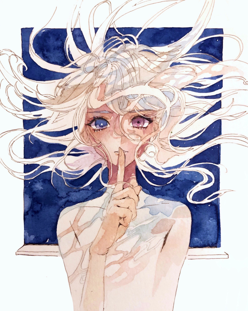 1girl absurdres aqua_background blue_eyes finger_to_mouth floating_hair heterochromia highres looking_at_viewer open_window original portrait shushing simple_background solo traditional_media umauma623 upper_body violet_eyes watercolor_(medium) white_hair window