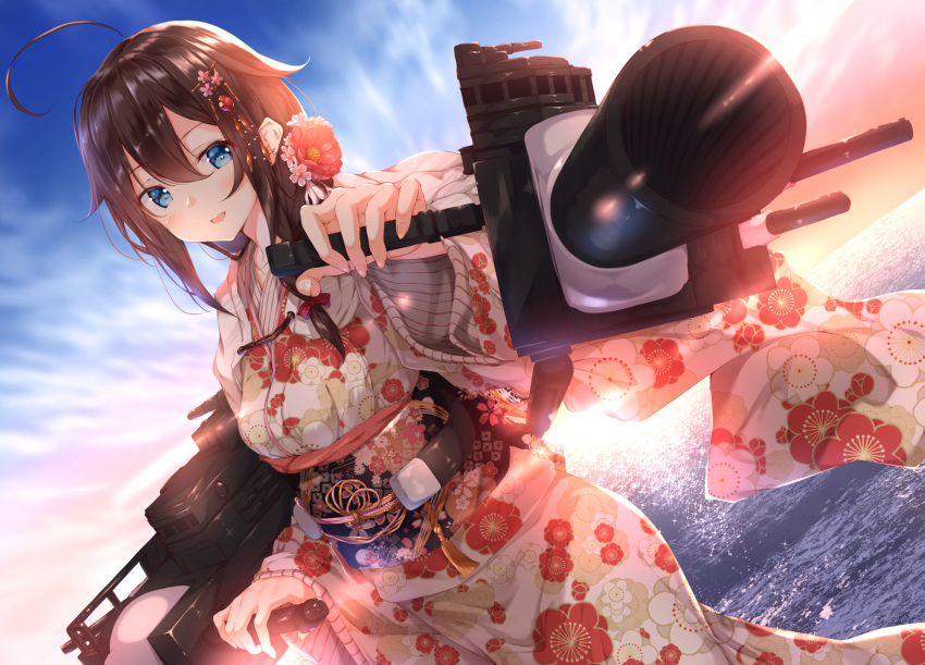 1girl ahoge alternate_costume bangs blue_eyes blush braid brown_hair clouds cloudy_sky commentary_request eyebrows_visible_through_hair floral_print flower hair_between_eyes hair_flaps hair_flower hair_ornament highres japanese_clothes kantai_collection kimono long_sleeves looking_at_viewer new_year numpopo obi ocean open_mouth pose remodel_(kantai_collection) rigging sash shigure_(kantai_collection) sidelocks single_braid sky solo wide_sleeves