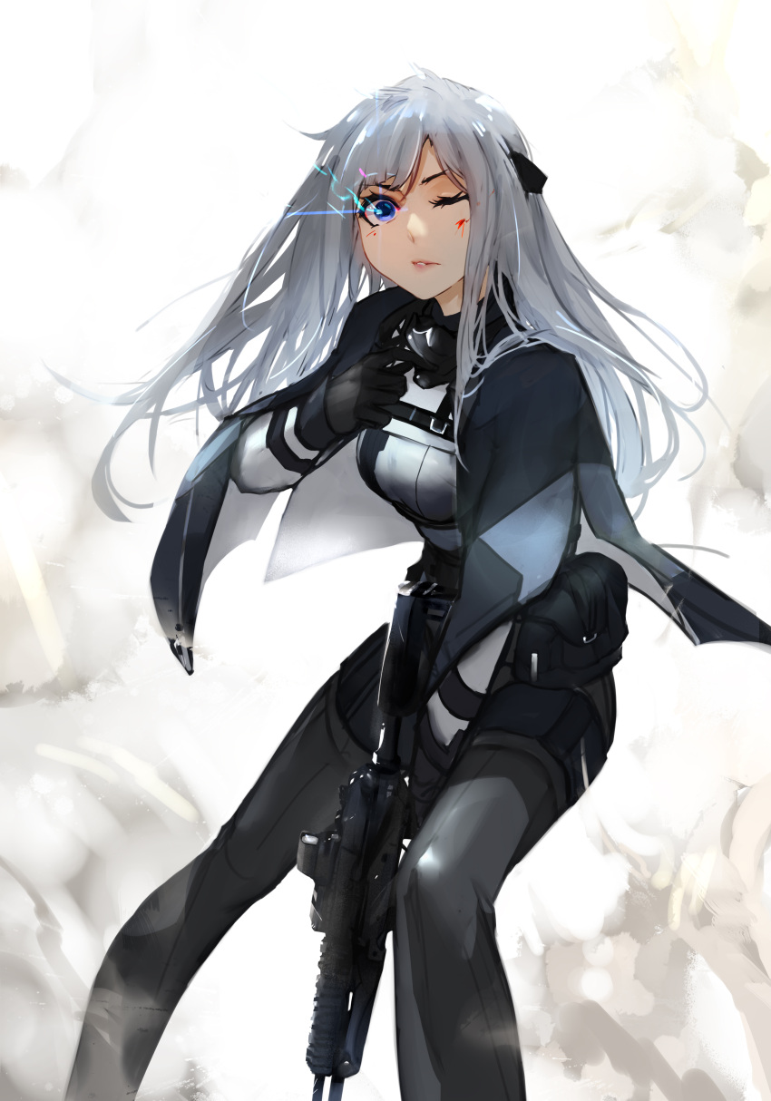 1girl absurdres ak-12 ak-12_(girls_frontline) arm_up assault_rifle bag bangs black_gloves blue_eyes blush breasts commentary_request eyebrows_visible_through_hair face_mask girls_frontline gloves grey_pants gun highres holding holding_gun holding_weapon jacket laocheng lips long_hair long_sleeves looking_at_viewer mask mask_removed medium_breasts one_eye_closed pants parted_lips rifle silver_hair simple_background solo standing upper_body weapon white_background