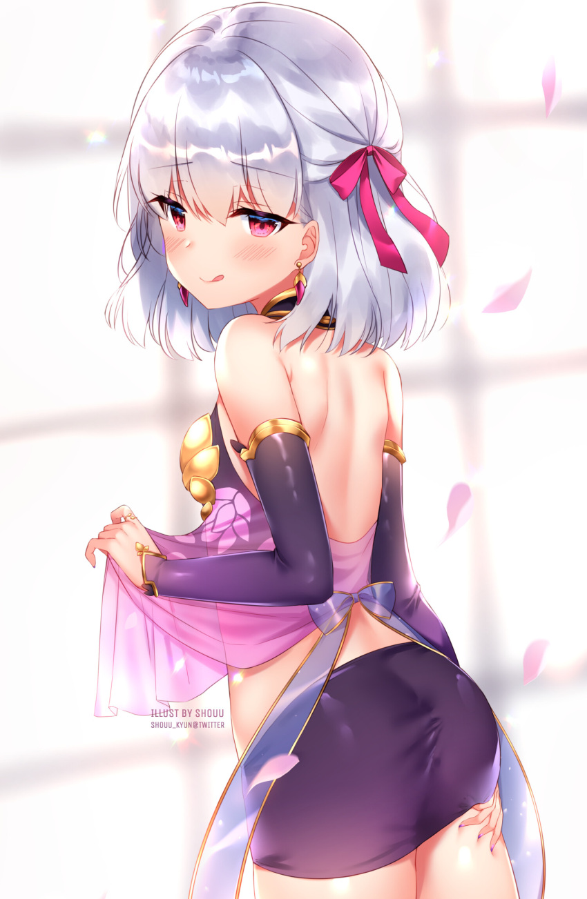 1girl ass back backlighting bangs bare_shoulders blush breasts closed_mouth detached_sleeves dress earrings fate/grand_order fate_(series) hair_between_eyes hair_ribbon highres jewelry kama_(fate/grand_order) licking_lips looking_at_viewer petals pink_ribbon purple_dress purple_sleeves red_eyes ribbon ring short_hair shouu-kun silver_hair sleeveless sleeveless_dress small_breasts smile solo thighs tongue tongue_out