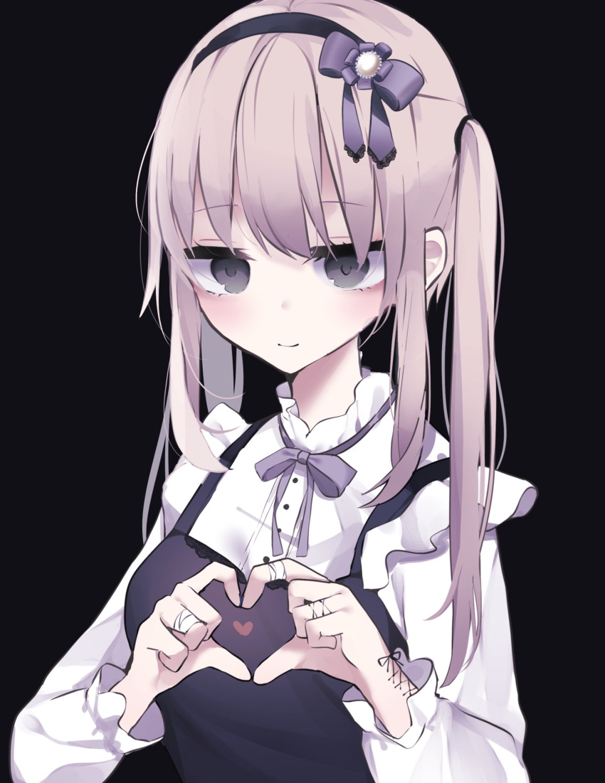 1girl bandaged_fingers bandages black_dress black_hairband blush bow brown_hair closed_mouth commentary_request dress dress_shirt grey_eyes hair_bow hairband heart heart_hands highres long_hair long_sleeves original puffy_long_sleeves puffy_sleeves purple_bow shirt sleeveless sleeveless_dress smile solo tsuruse twintails white_shirt