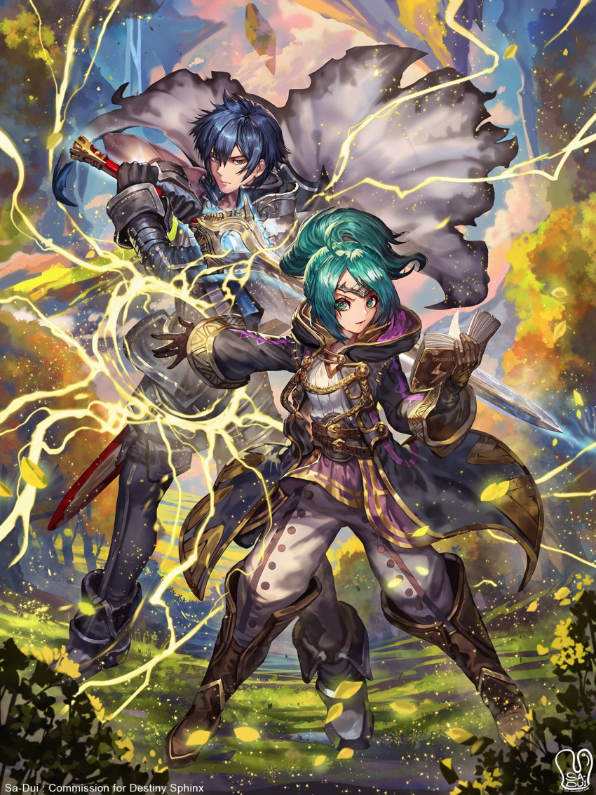 1boy 1girl ahoge alternate_hair_color alternate_hairstyle artist_name blue_hair book boots cape chrom_(fire_emblem) coat commission electricity fire_emblem fire_emblem_awakening gloves grass green_hair highres hood looking_at_viewer robin_(fire_emblem) robin_(fire_emblem)_(female) sa-dui scabbard serious sheath single_sleeve standing sword tiara weapon