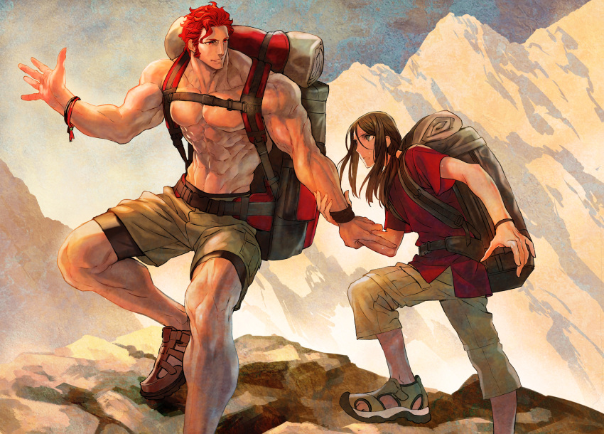 2boys alexander_(fate/grand_order) alternate_hairstyle azuma_tou backpack bag bracelet cargo_pants fate/zero fate_(series) green_eyes grey_eyes highres hiking holding_arm jewelry lord_el-melloi_ii_case_files male_focus mountain multiple_boys muscle older pants ponytail red_eyes redhead rider_(fate/zero) sandals shirtless sideburns sidelocks tied_hair vacation waver_velvet wristband