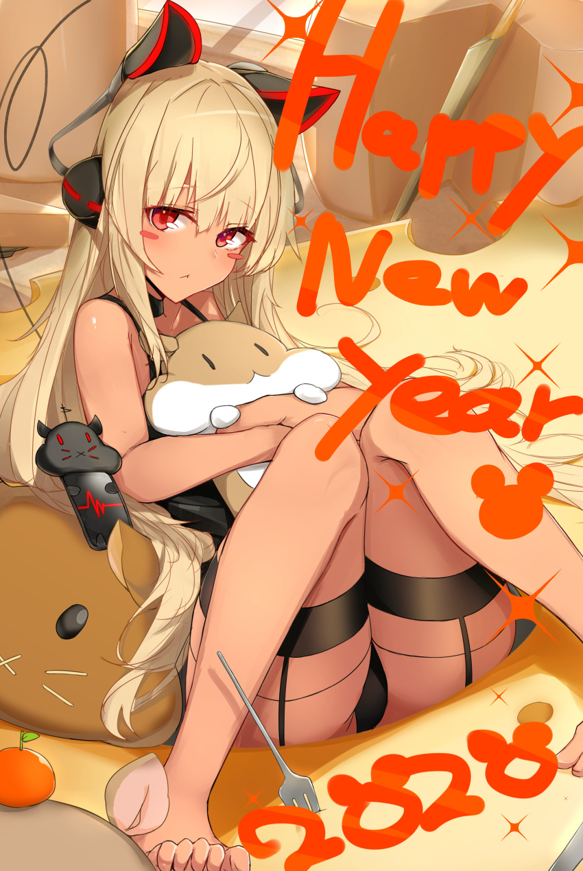1girl 2020 :&lt; absurdres ass bangs bare_legs bare_shoulders barefoot black_panties blonde_hair collarbone commentary_request eyebrows_visible_through_hair hair_ornament happy_new_year highres holding long_hair looking_at_viewer nanakaku new_year original panties red_eyes solo stuffed_animal stuffed_toy underwear