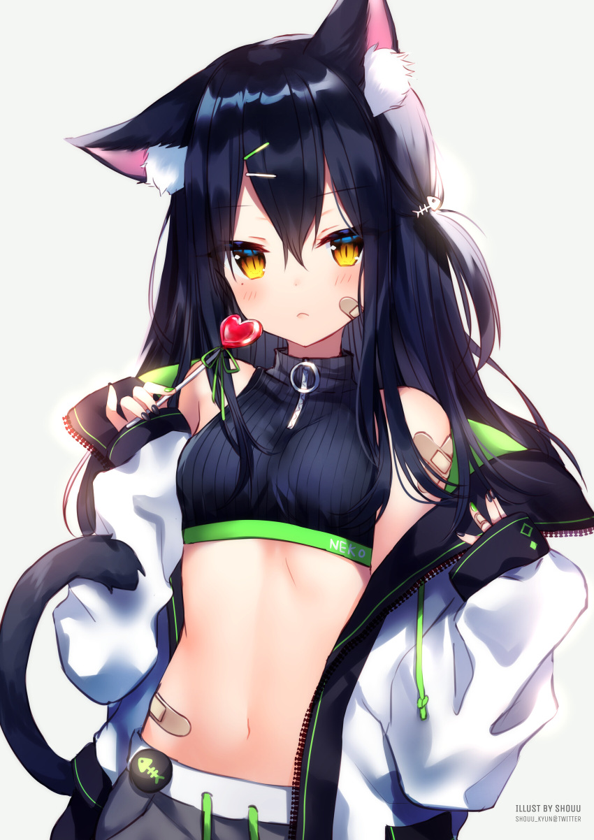 1girl absurdres animal_ear_fluff animal_ears bandaid bandaid_on_cheek bandaid_on_shoulder bandaid_on_stomach bare_shoulders black_hair black_shirt breasts candy cat_ears cat_girl cat_tail crop_top food hair_between_eyes hair_ornament hairclip hands_up heart_lollipop highres holding jacket lollipop long_hair looking_at_viewer midriff mole mole_under_eye nail_polish navel off_shoulder one_side_up open_clothes open_jacket original ribbed_shirt shirt shouu-kun simple_background sleeveless sleeveless_shirt sleeveless_turtleneck slit_pupils small_breasts solo stomach tail tsurime turtleneck upper_body white_background white_jacket yellow_eyes