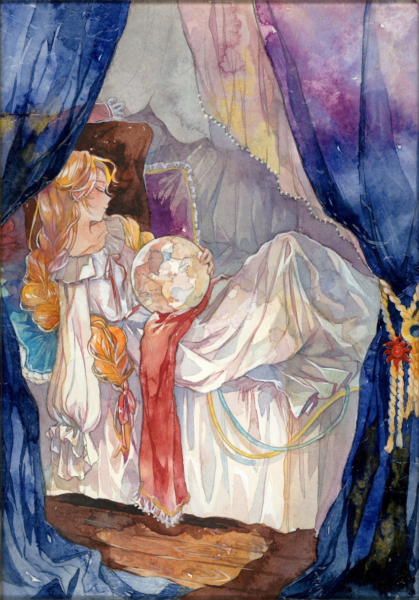 absurdres bed bedroom blonde_hair closed_eyes collarbone commentary_request frills globe highres indoors lying on_back original outstretched_arm sleeping tagme traditional_media umauma623 watercolor_(medium)